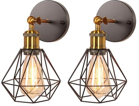 TOKIUS 2 Piezas Apliques de Pared Vintage Diseño de Jaula de Hierro 16cm E27 Industrial Lámpara de Pared Interior Ajustable Lámpara de Techo Negro Aplique para Pasillo Cocina Dormitorio Salón (Latón)