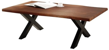 Liadomo Boston Couchtisch, 120x75cm, mit Baumkante, Massivholztischplatte aus Akazie in Nussfarben und X-Gestell schwarz