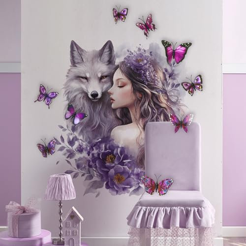 Runtoo Wolf Wandaufkleber 3D Schmetterling Blumen Fee Wandkunst Aufkleber für Mädchen Schlafzimmer Baby Kinderzimmer Dekor