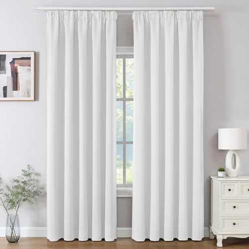 Joydeco Pencil Pleat Blackout Curtains W55 x L82 Inch 2 Panels for Ceiling Track, 85% Light Blocking White Curtains 208cm Drop with Rod Pocekt for Bedroom Living Room (No Hooks)