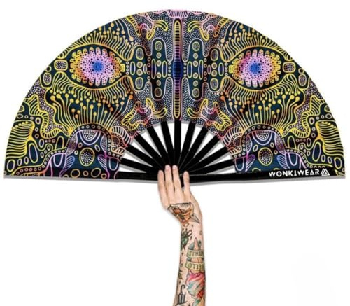 WONKIWEAR Fan, Folding Handheld, Glow UV Reactive Design, Large Strong Black Bamboo. Unisex for Raves, Festivals, Concerts, Drag, Gay Pride (UV Matrix Mind, Large)