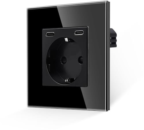 JIMEIDA Glas Steckdose mit USB C 20W Schnelles Laden Schwarz,Schuko Steckdosen Two Typ-C Port,Unterputz 86mm,16Amp 250V