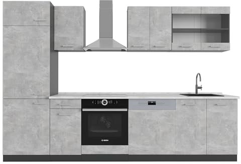 Vicco Küchenzeile R-Line, Küchenblock, Beton/Anthrazit, 300 cm, AP Marmor
