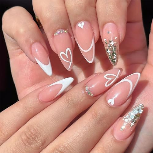 French False Nails - Long Almond Heart with Flashing Design French Fake Nails - Long Coffin Shaped Press on Nails - Ballerina Acrylic Stick on Nail 24pcs for Women and Girls