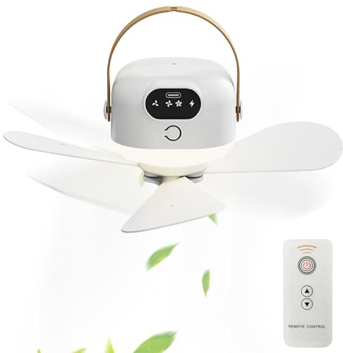 Deckenventilator mit Beleuchtung & Fernbedienung | 3-Geschwindigkeits-LED Deckenventilatoren Lampe mit USB-Aufladung | Camping Ventilator mit Licht Für Camping Büro, Wohnzimmer, Schlafzimmer (Weiß)