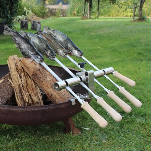 SCHILLING Fischgrilltechnik/Steckerlfisch Halter/Feuerschale/Feuertonne/Edelstahlspieße / 4 Fische