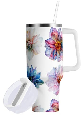 linqin Magic Dahlia Flowers Vacuum Insulated Tumbler with Leak Resistant Straw 30oz Kids Water Bottle, Reusable Coffee Travel Mug with Handle for Water, Iced Tea or