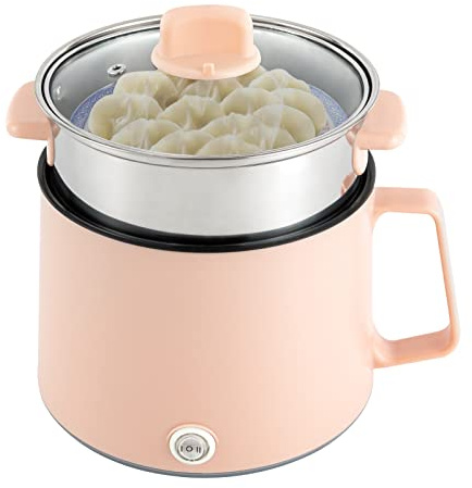 1.7L Hot Pot Electric Pot with Steamer, Portable Nonstick Cooker, Multi-Functional Mini Shabu Frying Pan for Noodle Ramen, Dorm Room Travel Essentials (Pink)