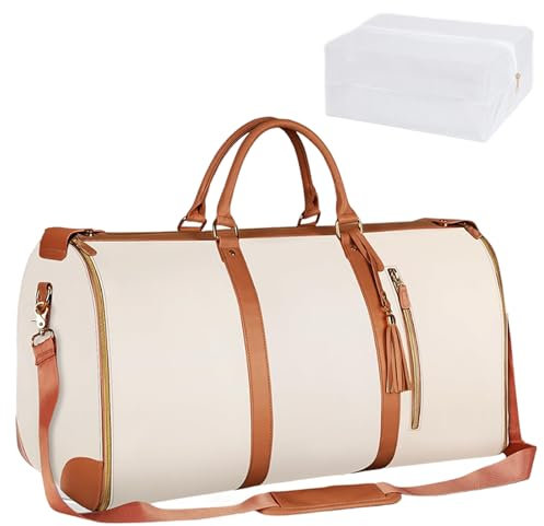 Packli Reisetasche Handgepäck mit Rollen – Weekender Damen PU Leder Wasserfest – Faltbare Kleidersack Tasche mit Schuhfach – Handgepäcktasche für Reisen & Geschäftsreise (Beige, Standard)