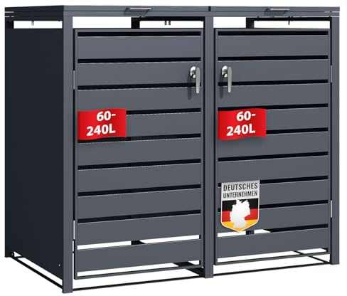 Abri poubelles avec décor Bois, Structure en Acier Inoxydable | 1 à 3 Portes | Rangement poubelles de 60 à 240 L – Anthracite avec décor Bois (Gris foncé Magnus, 132 × 80 × 116 cm (2 Portes))