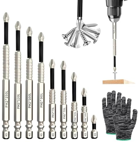 10 Stück K5 Anti-Rutsch Kreuzschlitz-Bits, Hochmagnetischer Schraubendreher-Bohrer-Bit-Satz mit Arbeitshandschuhen, Magnetische Schrauberbits für Schlagbohrmaschine, Akkuschrauber, Handbohrmaschine