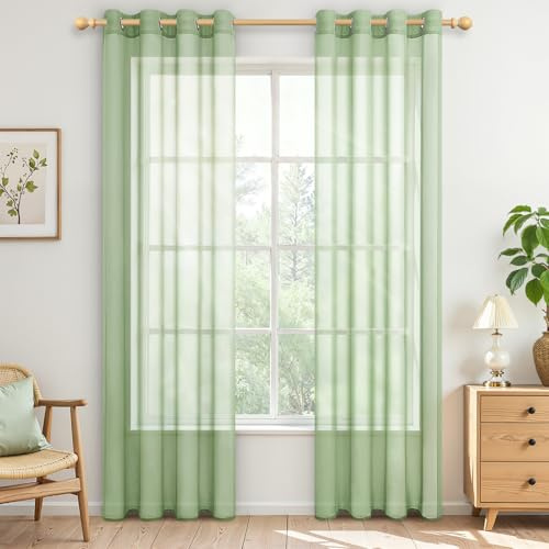 MRTREES Vorhang Salbeigrün Gardinen mit Ösen Transparent 2er Set, H 225 x B 140 cm, Durchsichtige Vorhänge für Wohnzimmer Schlafzimmer Modern Fenster Ösenvorhang Dekoschal