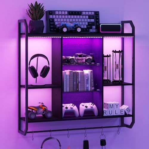 ARTETHYS Floating Shelves, Shelves for Wall, 83cm LED Wall Mounted Shelf with Adjustable Glass Shelves, Display Book Shelf with 6 Hooks for Bedroom Gaming Room Bar, Black