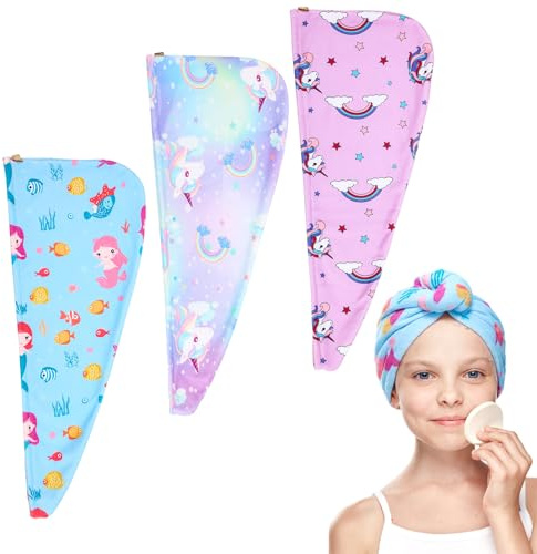 Xialvyu 3 Stück Kinder Haarturban Mikrofaser Handtuch mit Knopf | Cartoon Turban Handtuch Schnelltrocknend Einhorn Meerjungfrau Herz Motiv geeignet für Mädchen und Damen