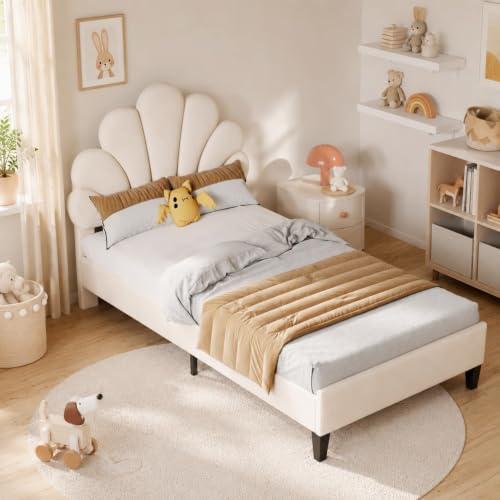 OLIVIBED Polsterbett Kinderbett 90x200 cm, Einzelbett mit Lattenrost und Verstellbares Kopfteil in Blumenform, Mädchen Bett aus Holz, Samtstoff, Bett für Kinder, Ohne Matratze, Beige
