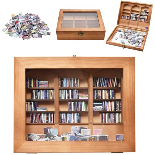 Shocanm Mini Bücherregal für Ängste, Bücherregal Holz mit 200 Mini-Bücher, Dekoratives Miniatur-Buchdisplay, Stressabbauendes Geschenke für Bücherliebhaber Familie Freunde, Dekor für Heimbüro