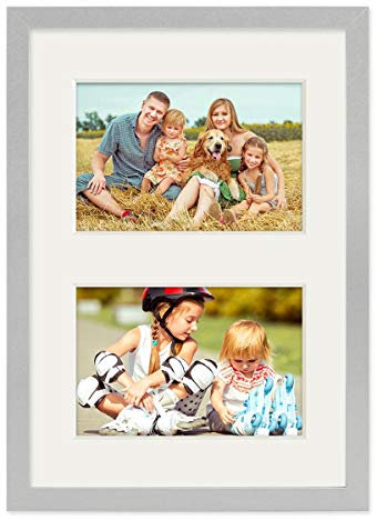 PHOTOLINI Bilderrahmen A4 Holz MDF Silber, DIN A4 Bilderrahmen 21x30 cm mit Passepartout für 2 Bilder, Acrylglas bruchsicher, picture frame zum Aufhängen & Aufstellen, Rahmen 30x21 für Fotos & Poster