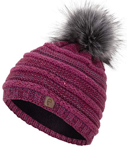 Faera Wintermütze Mütze Damen Pailletten warm gefüttert Bommelmütze Fleecefutter Winter Mädchen Strickmütze Beanie Weihnachten 36, Farbe:Lila