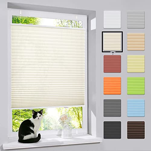 bobodeco Plissee ohne Bohren Klemmfix Faltrollo Jalousie Beige 115x120cm (BxH), neuste Version Plisseerollo Sichtschutz und Sonnenschutz Blickdicht Easyfix lichtdurchlässig Rollo für Fenster & Tür