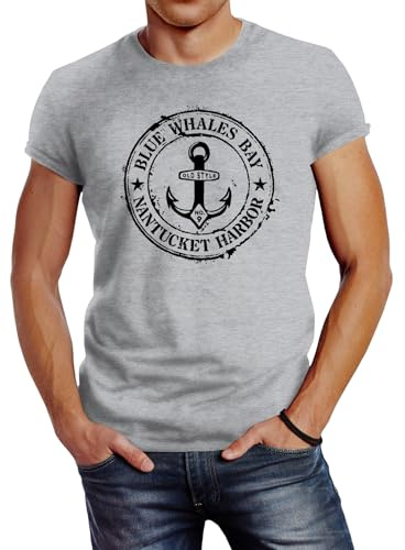 Neverless® Herren T-Shirt Anker Motiv maritim Retro Badge Vintage Anchor Print Grau L