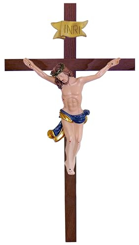 Kaltner Präsente Geschenkidee – Holzkreuz Wandkreuz Kruzifix aus Echtholz Buche Kreuz Nussbaum mit Jesus Christus Figur aus Kunststein handbemalt (Höhe 35 cm)