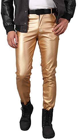 Panegy Men's Leather Pants Slim Fit Stretch Long Trousers for Night Club Stage Show Costume Cosplay Gold