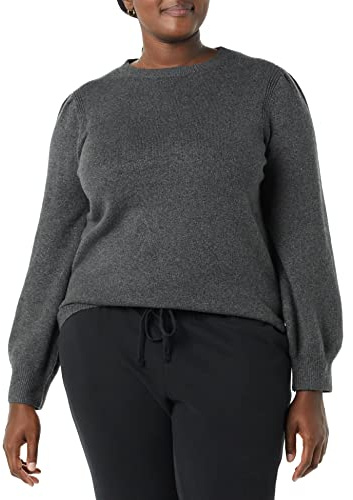 Amazon Essentials Maglione Girocollo con Spalle Plissettate Morbido al Tatto Donna, Carbone Puntinato, L