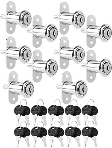 FVIEXE Lot de 10 verrous à piston avec clés - Cylindre de 1,9 cm de diamètre - Cylindre de 3,2 cm de longueur - Serrure de vitrine pour porte coulissante (clés identiques)