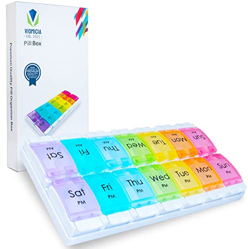 Viomicia Pill Box 7 Day 2 Times a Day Easy to Open Pill Organiser with Push Button Pop Lids Large 14 Compartments Tablet Organiser for Vitamins & Meds