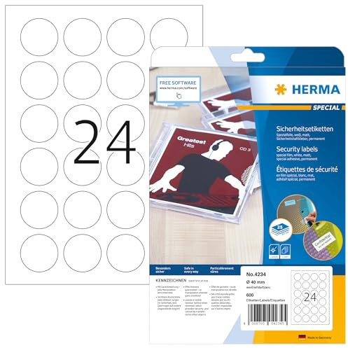 HERMA 4234 Sicherheitsetiketten gegen Manipulation rund, 800 Blatt, Ø 40 mm, 24 pro A4 Bogen, 19200 Stück, selbstklebend, bedruckbar, matt, blanko Klebeetiketten Aufkleber aus Spezialfolie, weiß