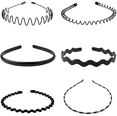 6 Stück Unisex Metall Haarband, Welle Haarreifen Damen Herren, Haarband für Männer Frauen, Outdoor jungs Sports Yoga Elastische rutschfeste Haarreifen, Schwarz