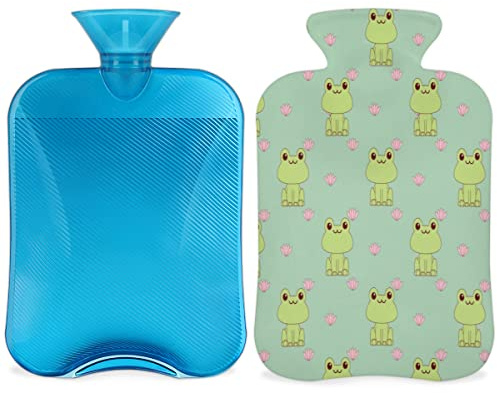 Frosch Wärmflasche mit flauschigem Bezug, 2 l großes Fassungsvermögen, Wärmflasche mit Blumen- und Frosch-Flasche für gemütliche Nächte, lindert Schmerzen, Rücken, Nacken und Schultern
