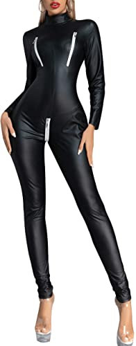 FEOYA Damen Leder Body Langarm Frauen Wetlook Bodysuit Catsuit Langarm Einteiler Overall Jumpsuit Playsuit Sexy Damen Latex Catsuit Ouvert Reißverschluss Body Wetlook Bodysuit E-Schwarz L