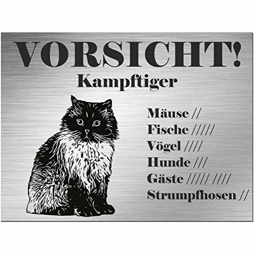 INDIGOS UG - Himalaya Katze - Schild bedruckt - Vorsicht Kampftiger - Alu-Dibond Edelstahl Look - 80x60 cm - Spruch - Deko Geschenkidee Katze - Zaun - Türschild