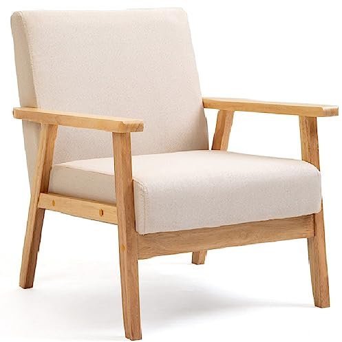 Mingone Fauteuil de Salon en Bois Chaise Longue Relax Chaise D'appoint avec Accoudoirs Chaise de Canapé de Loisirs en Lin pour Salon Chambre Vérandas, Beige