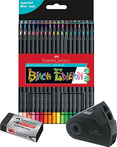 Faber-Castell - Buntstifte Black Edition, 36er Kartonetui, bruchsicher, für Kinder und Erwachsene inkl. Spitzdose Sleeve und Radierer Dust-free