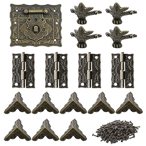 Pamtns Antike Dekorative Haspe Set 1 Stück Schlösser 4 Stück Scharnier Klein 8 Stück Vintage Schutzecken 4 Stück Dekorativer Ecke Fuß Standfüße Dekorative Box Hardware aus Bronze Beschläge Antik Set