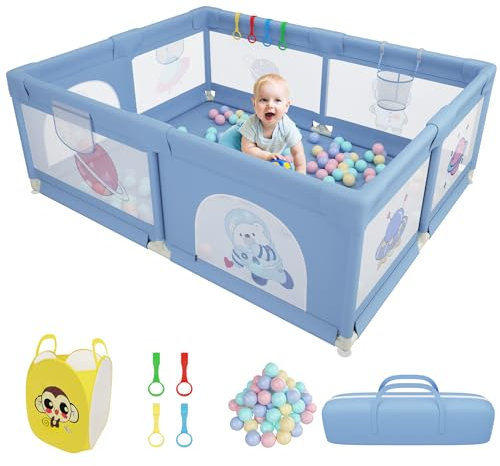 Laufstall Baby, 180x150 CM Laufstall für Apartment, Kinder Laufstall mit weichem atmungsaktivem Netz, inklusive 50 Bällen, 4 X Zugringen, 1X Ballaufbewahrungskorb-Blau