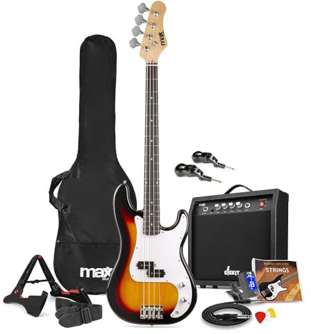 Max GigKit Wireless Beginner Bass Guitar Pack – Sunburst Finish with 40W Amplifier, Wireless Transmitter & Receiver System, Accessories and Online Bass Lessons – Ideal Starter Bass Kit