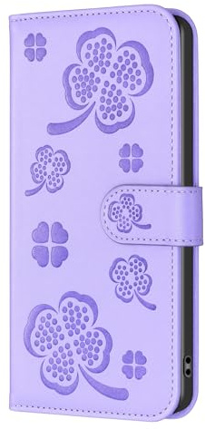 Thoankj Étui pour Motorola G54 - Motif trèfle à fleurs - Résistant aux chocs - En cuir synthétique - Pour femmes et filles - Avec porte-cartes et support magnétique - Violet