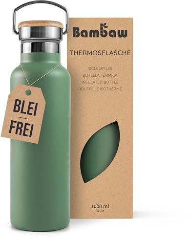 Bambaw Thermosflasche 1l, Trinkflasche Grün, Edelstahl Trinkflasche, Trinkflasche Spülmaschinenfest, Trinkflasche Auslaufsicher 1l, Trinkflasche 1l – Salbeigrün