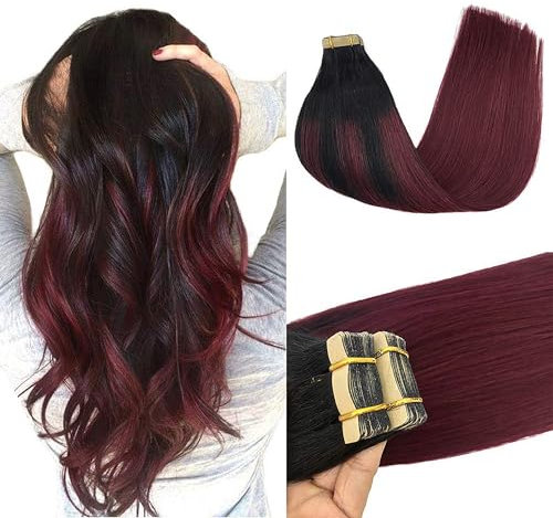 GOO GOO Tape in Extensions Echthaar, Tape Extensions Echthaar, 30cm 40g 20pcs, Extensions Echthaar, Haarverlängerung Echthaar, 1/99J Tiefschwarz bis Rot