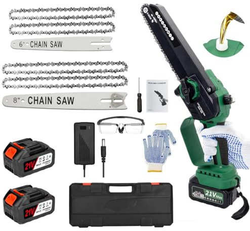 Motosierra con batería de 6 y 8 pulgadas, 2 en 1, mini motosierra con 2 baterías de 3000 mAh y cargador, pequeña motosierra con batería, portátil, cortadora de madera, sierra de cadena para árboles