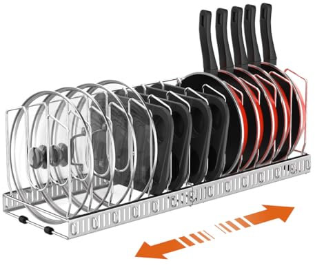 Housolution Organizador de Sartenes, Mejorado Extensible Organizador Tapas Ollas con 14 Compartimentos Ajustable, Soporte Sartenes para Cocina, Plata