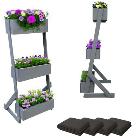 Vertikalbeet Petra Hochbeet Holz 3 Etagen Blumentreppe Kräuterbeet Frühbeet Pflanzkasten inkl. Gartenvlies - Stufenbeet 66 x 49 x 140 cm für Terrasse Balkon & Wintergarten