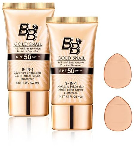 2 Pcs BB Cream Foundation, Tinted Moisturiser Balm - Natural Spf50+ Cover Blemishes - Light for All Skin Types (Natural Color With 2 Pcs Puff)