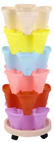 MISNODE Jardinière Empilable à 6 Niveaux, Jardinière Verticale avec Base Mobile, Jardinières de Fleurs de Fraises et de Légumes, Pot de Fleurs Intérieur et Extérieur pour Porte(Multicolore)
