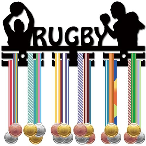 CREATCABIN Porte-Médaille Rugby,Présentoir pour Médailles Sport,Cadre en Acrylique,Décoration Murale,Petits Crochets pour Suspendre 40+ médailles Joueur,Récompenses D'Athlète Médaillé 29x13cm,Noir