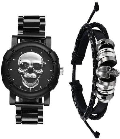 JewelryWe Herrenuhr Lederarmband Halloween 2er Set: Steampunk Silber Totenkopf Schädel Analog Quarz Edelstahl Armbanduhr mit Verstellbar Geflochten Leder Armband Schmuckset Uhr Armreif Set für Herren