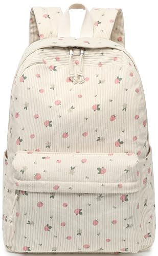 Schulrucksack für Teenager, groß, Cord, leicht, für Mädchen, lässig, für Mittelschule, Universität, 43,2 cm, Reisetasche, Laptoptasche, Blumenmuster, Erdbeere, traditionell, Floral, Cord, Erdbeere